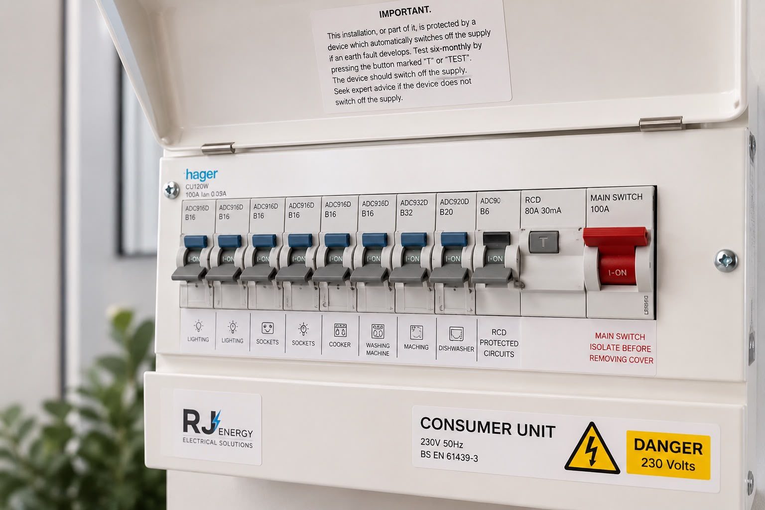 RJ Energy branded consumer unit upgrade with RCD protection