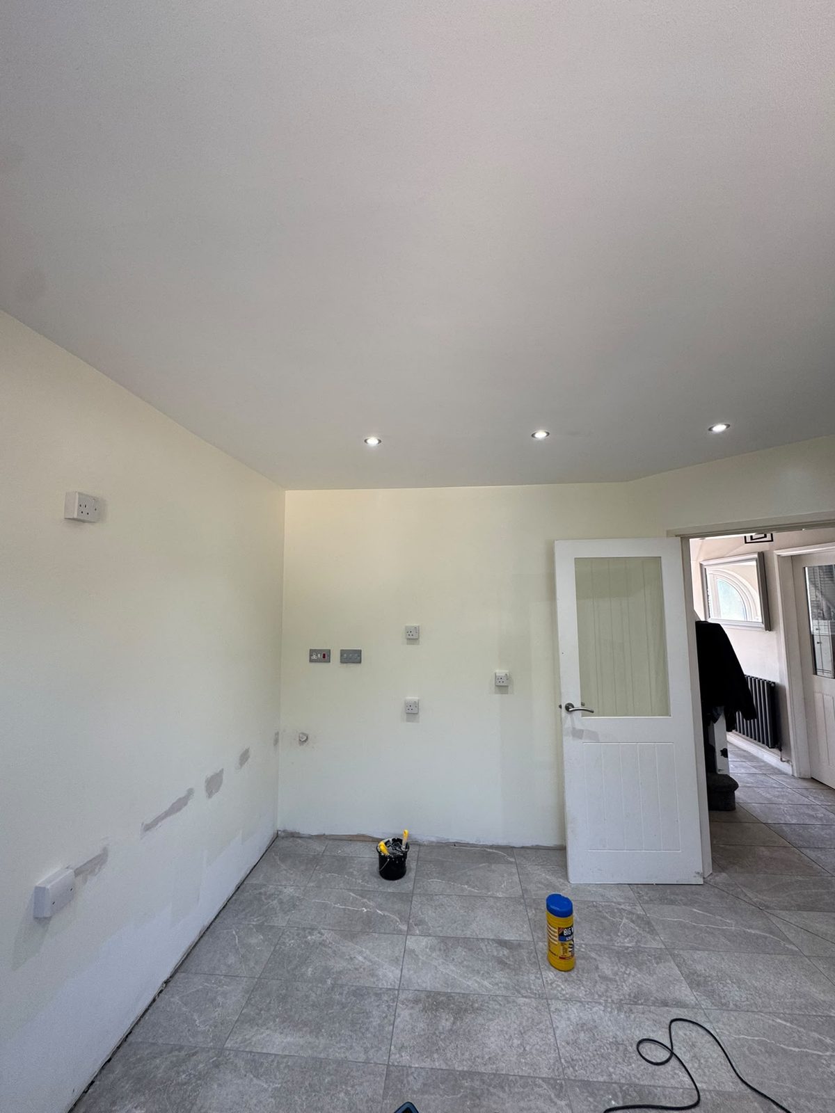 Kitchen second fix, sockets and downlights installed and working